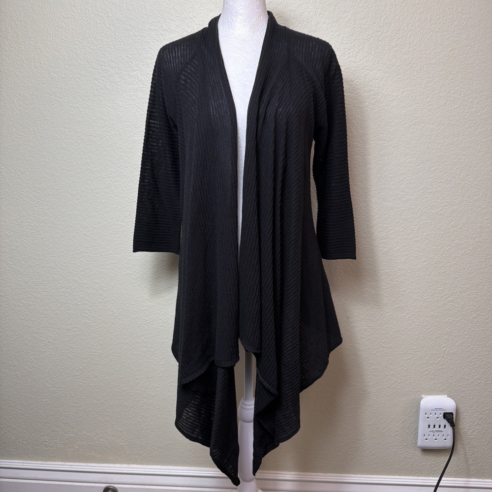 Jones Studio Sweater S Black Handkerchief Hem Shawl Collar Lightweight Knit Wrap